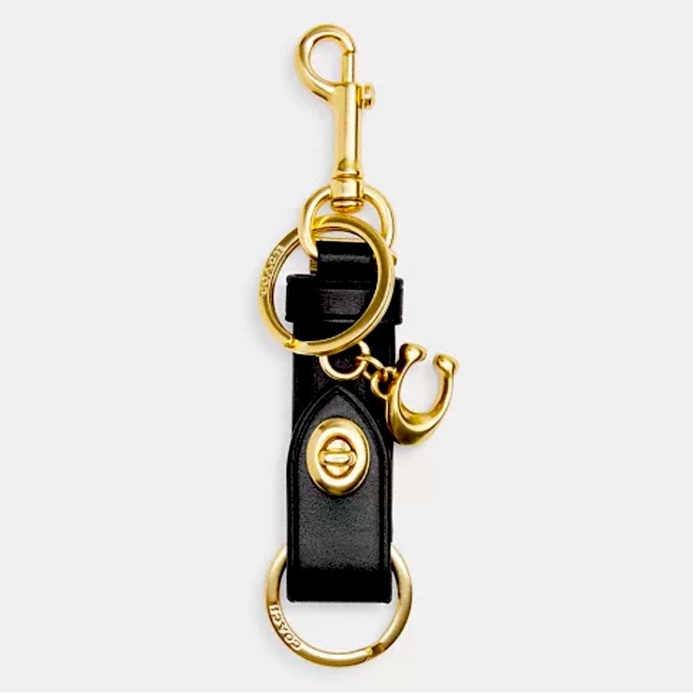 NEW! COACH Trigger Snap Bag Charm / Valet Key Fob Black Leather & Brass NWT!